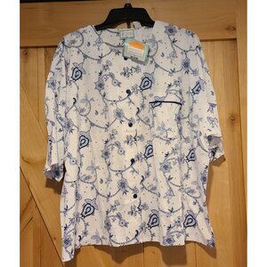 New! Vtg Intimate Moments Sleepwear Shirt Womens Size 26/28 Floral Jacobean Blue